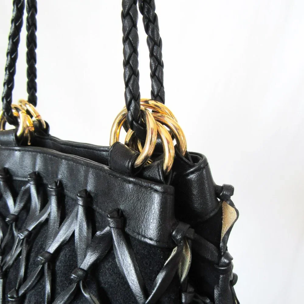 VINTAGE Tiannl Italian Black Suede Leather Purse Shoulder Bag Classic Gold - Picture 7 of 10
